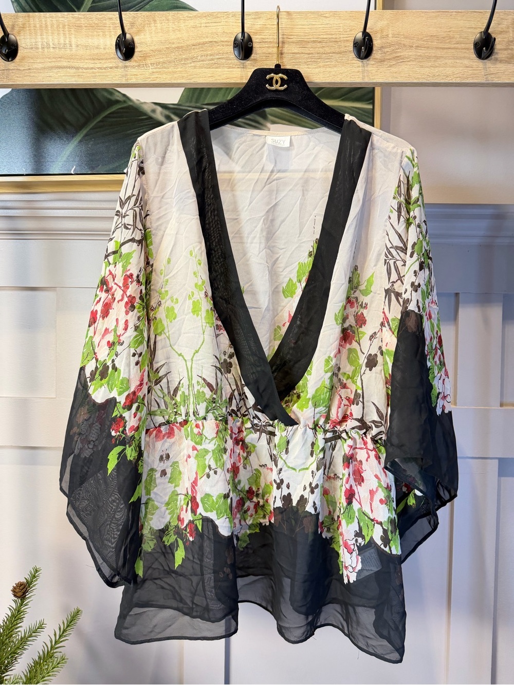 Sheer Floral V-Neck Kimono Top - Black & White with Green and Pink Floral L